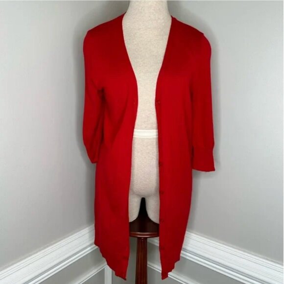 Design by David Koma for Clarins Red Wool Blend Button Front Long Cardigan XS - Picture 1 of 5